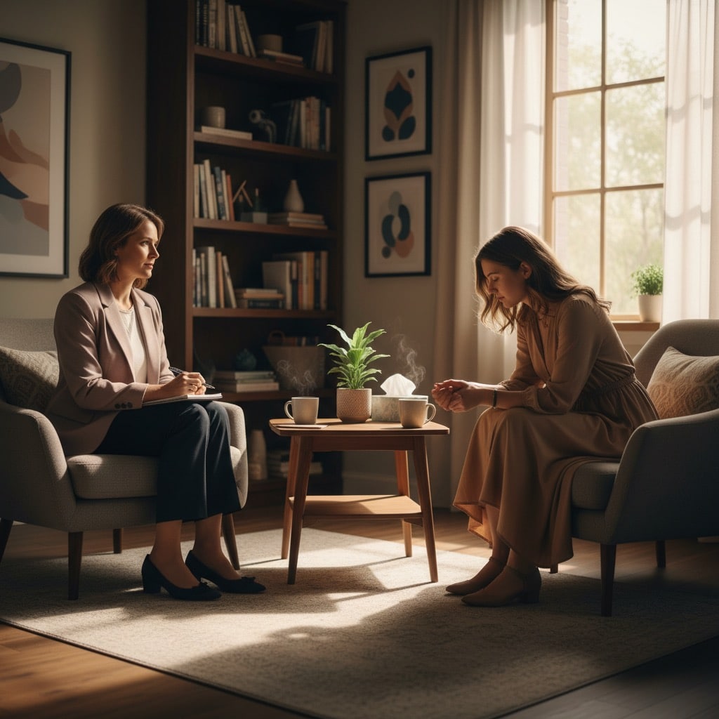 Duas mulheres conversando em um consultório