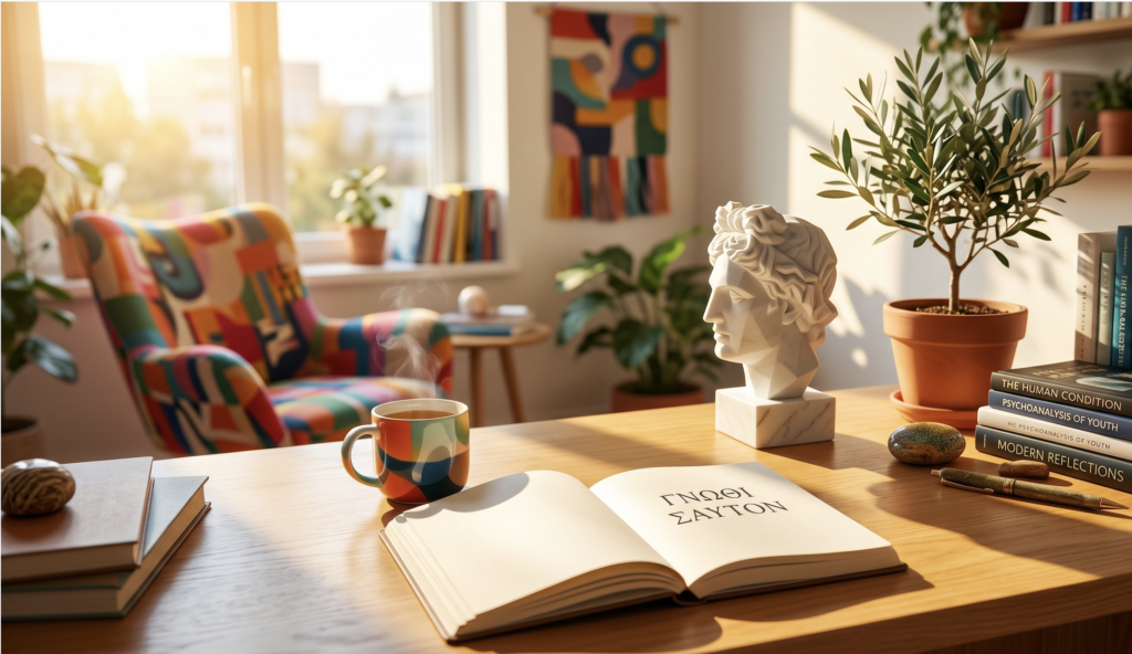 Consultório de Psicologia com estátua grega em cima da mesa. 
